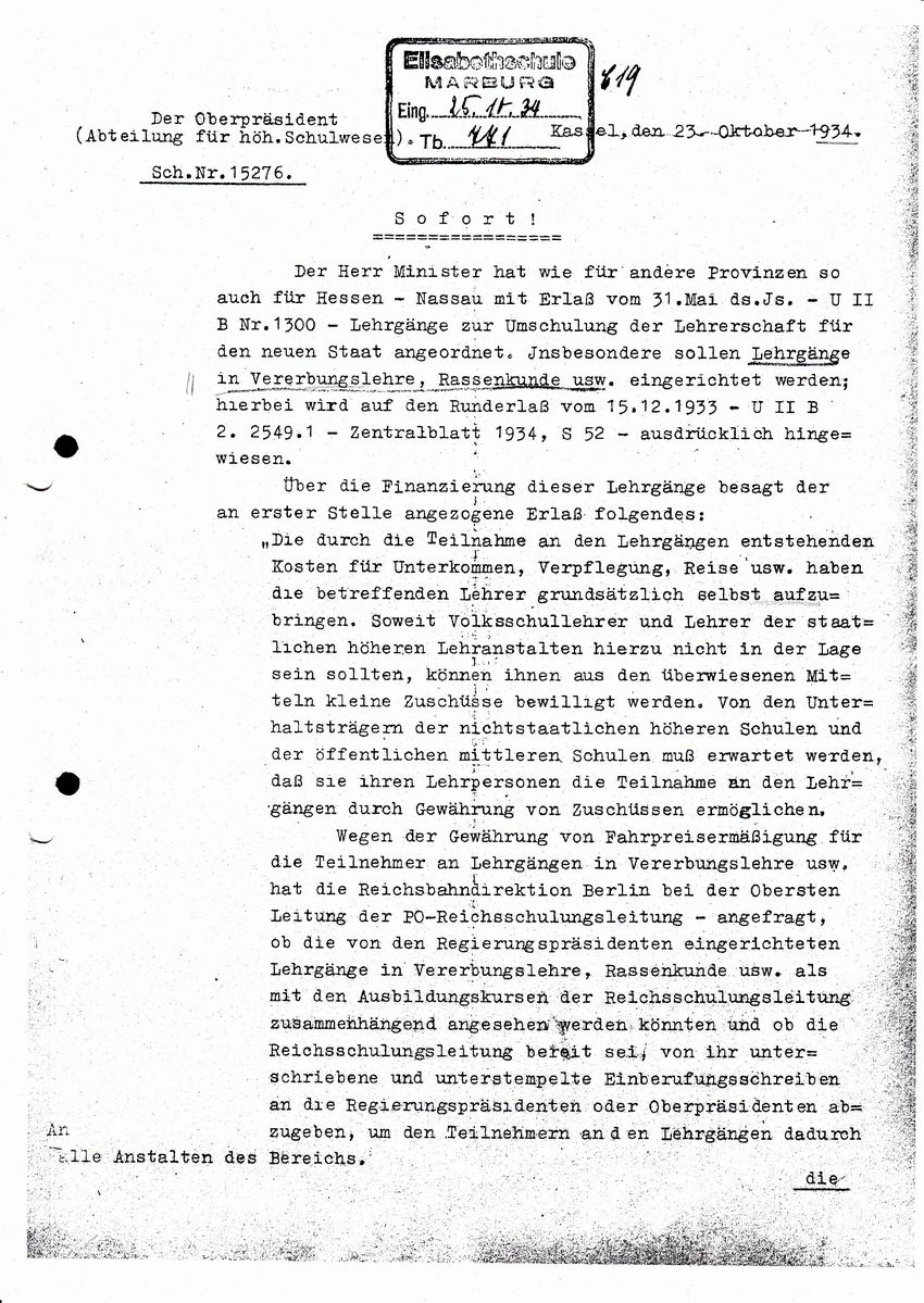 Schreiben der Abteilung für höheres Schulwesen an die Schulen im Amtsbereich betr. Umschulung der Lehrerschaft vom 23.10.1934