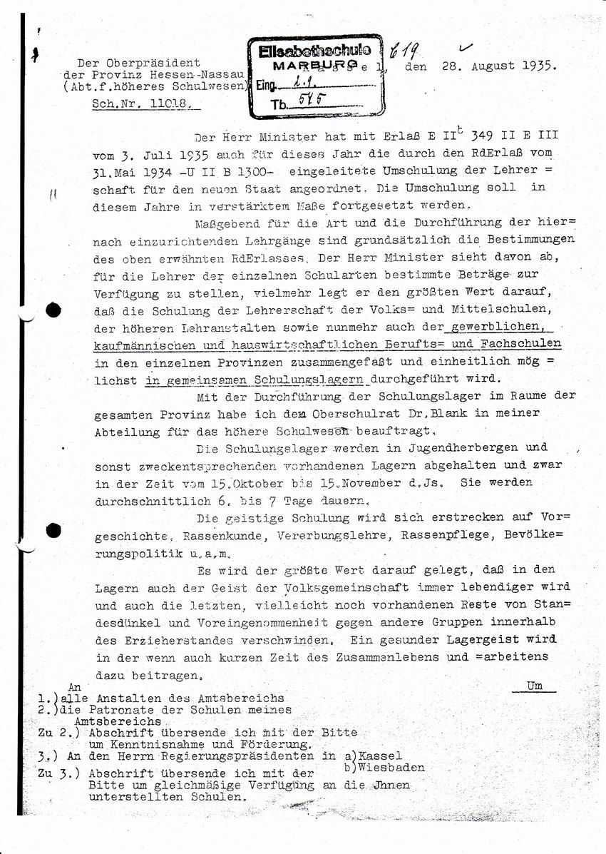 Schreiben der Abteilung für höheres Schulwesen betr. verstärkter Umschulung der Lehrerschaft vom 28.08.1935