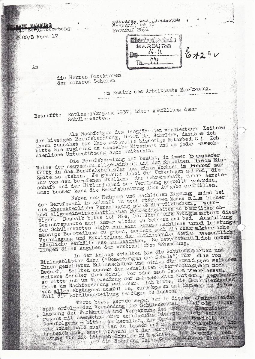 Schreiben der Berufsberatung Marburg an die Direktoren der höheren Schulen Marburg betr. Ausfüllung von Schülerkarten vom 16. November 1937