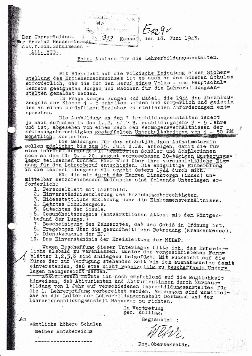 Schreiben der Abteilung für höheres Schulwesen an die höheren Schulen im Amtsbereich betr. Auslese für die Lehrerbildungsanstalten vom 18. Juni 1943