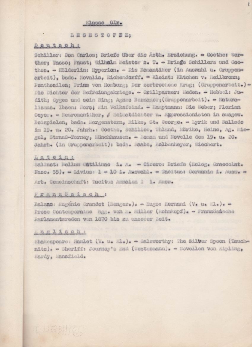 "Lesestoffe" der Ober- und Unterprima der Elisabethschule Marburg von 1933/34