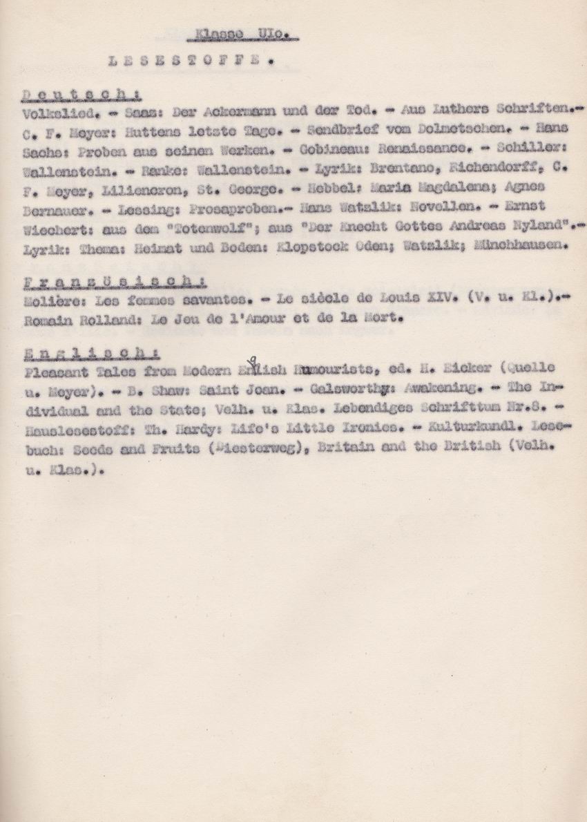 "Lesestoffe" der Ober- und Unterprima der Elisabethschule Marburg von 1933/34