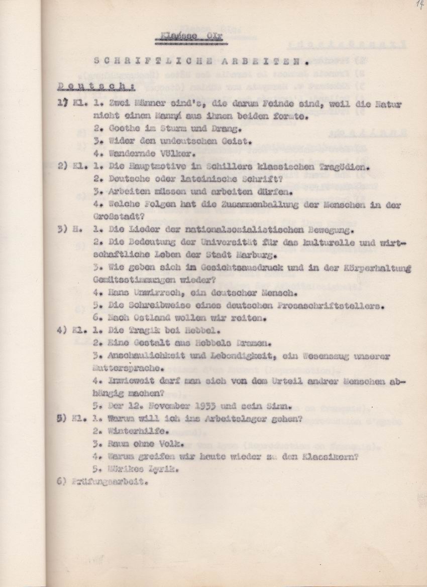 Themen schriftlicher Arbeiten in der Ober- und Unterprima der Elisabethschule Marburg von 1933/34