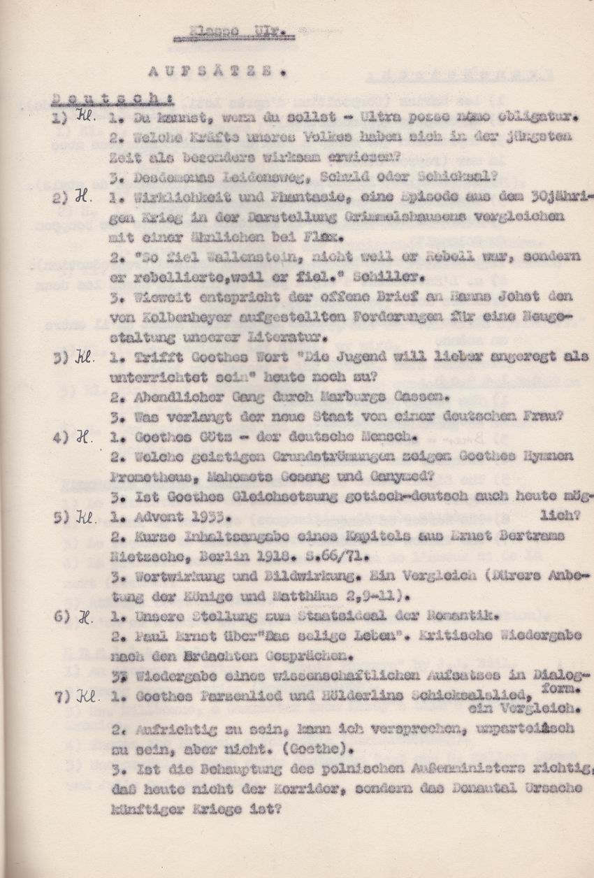 Themen schriftlicher Arbeiten in der Ober- und Unterprima der Elisabethschule Marburg von 1933/34