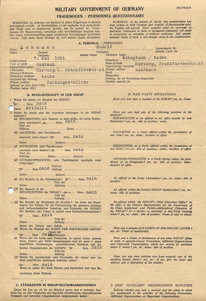 MILITARY GOVERNMENT OF GERMANY - FRAGEBOGEN:  Mitgliedschaft und Tätigkeiten in der NSDAP. Ausgefüllter Fragebogen von Rudolf Lehmann, Geschäftsführer in Marburg, 15. Dezember 1945