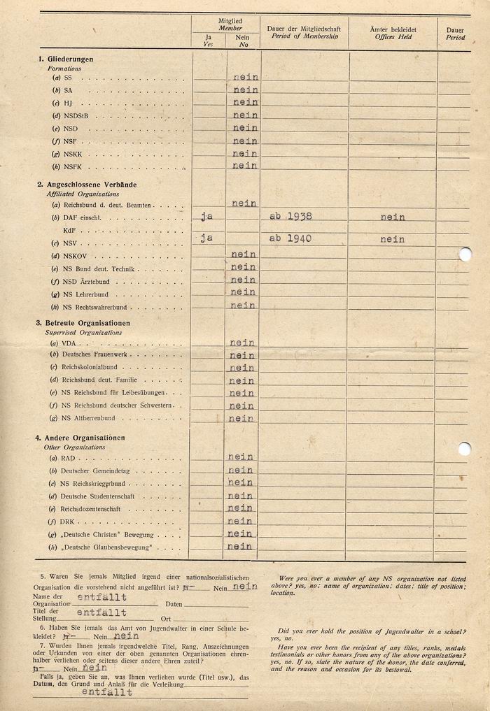 MILITARY GOVERNMENT OF GERMANY - FRAGEBOGEN:  Mitgliedschaft und Tätigkeiten in der NSDAP. Ausgefüllter Fragebogen von Rudolf Lehmann, Geschäftsführer in Marburg, 15. Dezember 1945