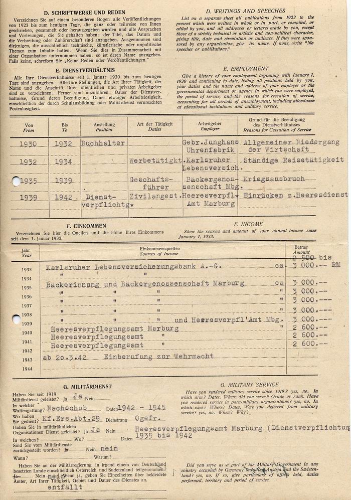 MILITARY GOVERNMENT OF GERMANY - FRAGEBOGEN:  Mitgliedschaft und Tätigkeiten in der NSDAP. Ausgefüllter Fragebogen von Rudolf Lehmann, Geschäftsführer in Marburg, 15. Dezember 1945