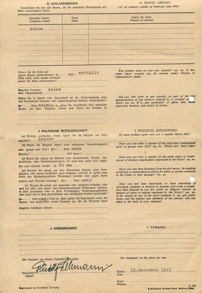 MILITARY GOVERNMENT OF GERMANY - FRAGEBOGEN:  Mitgliedschaft und Tätigkeiten in der NSDAP. Ausgefüllter Fragebogen von Rudolf Lehmann, Geschäftsführer in Marburg, 15. Dezember 1945