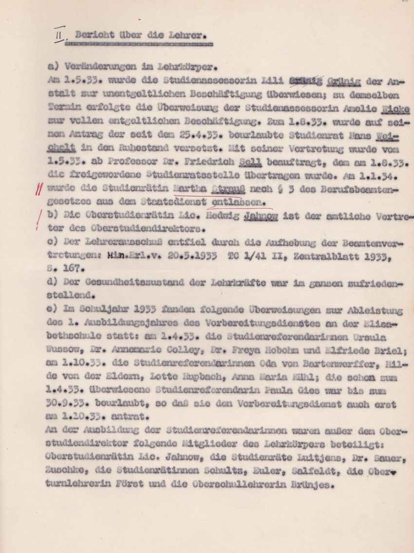 "Bericht über die Lehrer" im Jahresbericht der Elisabethschule Marburg von 1933/34