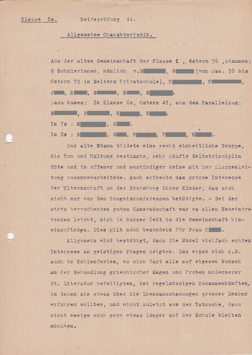 "Allgemeine Charakteristik" von Abiturientinnen der Elisabethschule von 1944