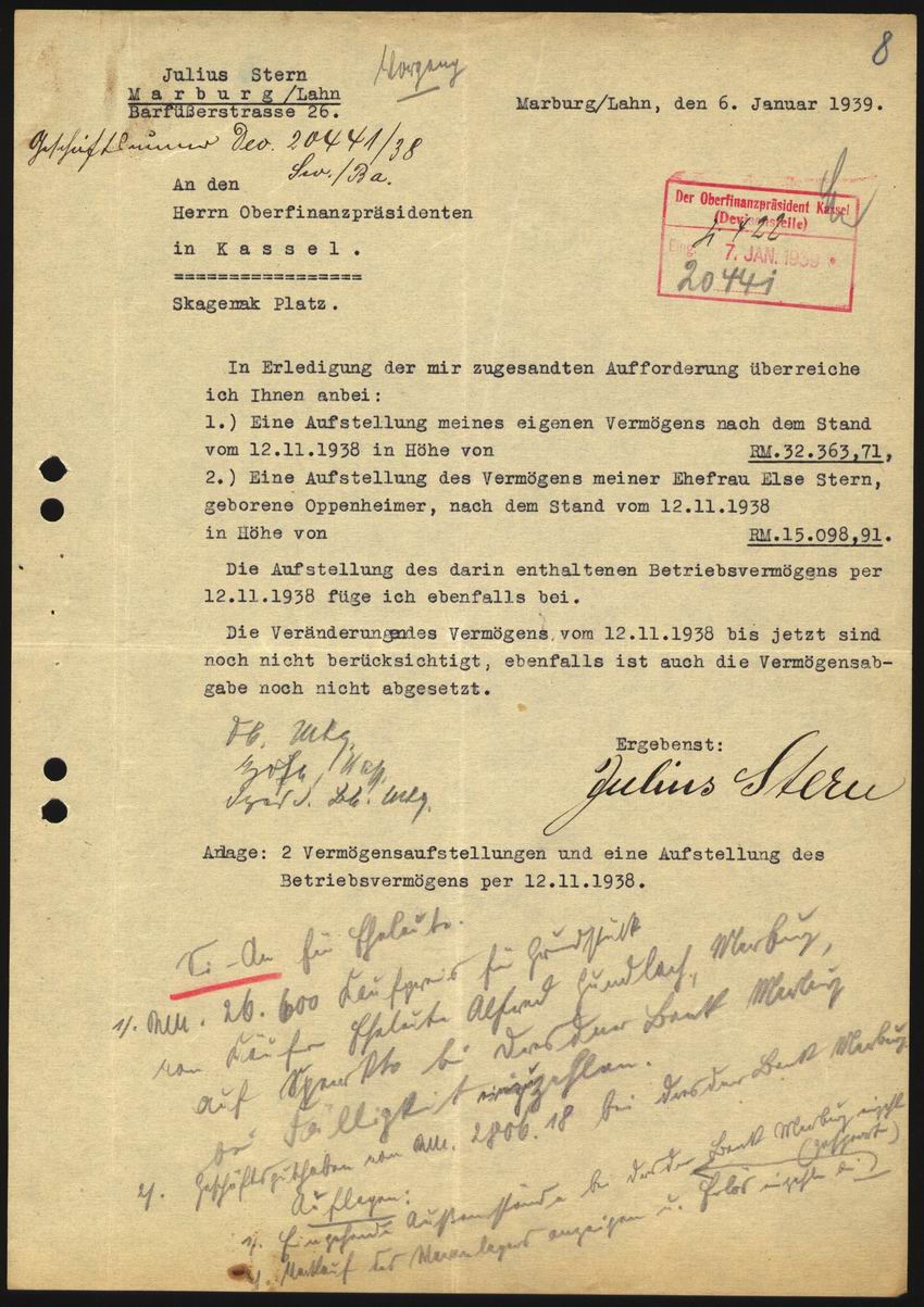 Vermögensaufstellung von Julius Stern für den Oberfinanzpräsidenten in Kassel vom 6. Januar 1939