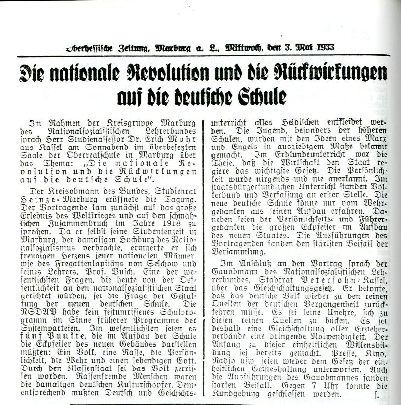 Zeitungsartikel OZ betr. "Rückwirkung der nationalen Revolution auf die deutsche Schule" vom 03. Mai 1933
