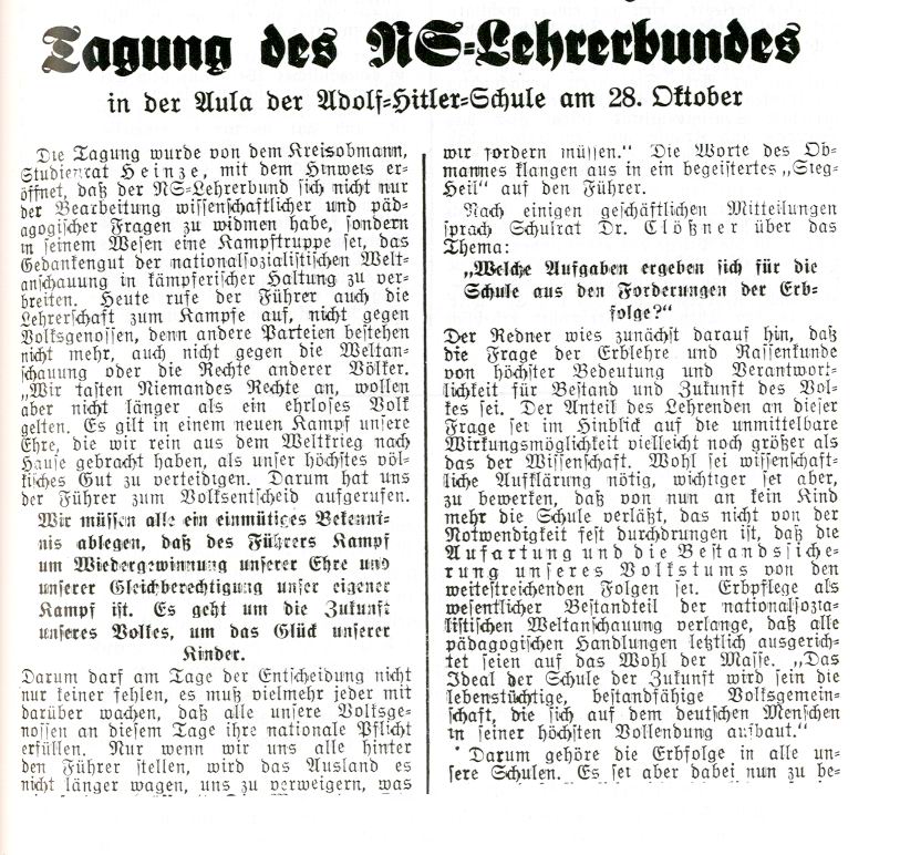 Zeitungsartikel der OZ betr. Tagung des NS-Lehrerbundes zur Aufgabe des Lehrers vom 31. Oktober 1933