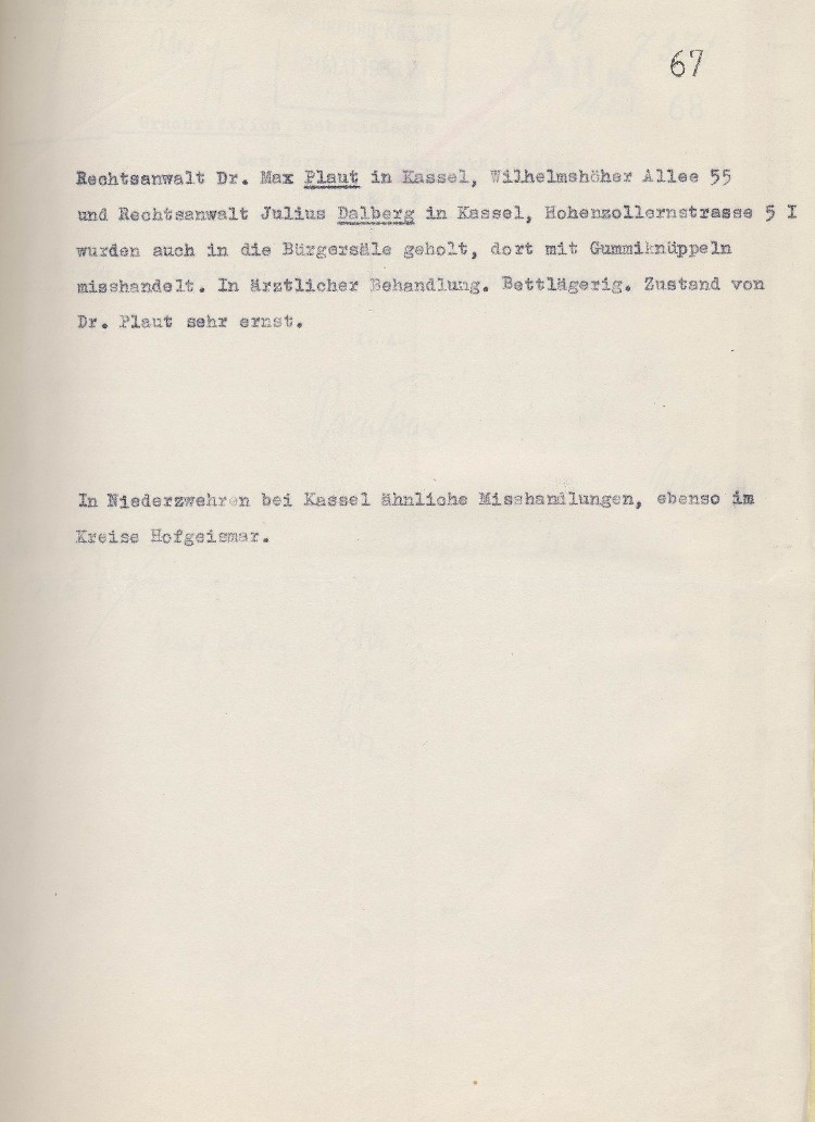 Beschreibung von Misshandlungen durch Mitglieder der Nationalsozialisten (Anlage zum Schreiben MdL Paul Röhle vom 10.04.1933)