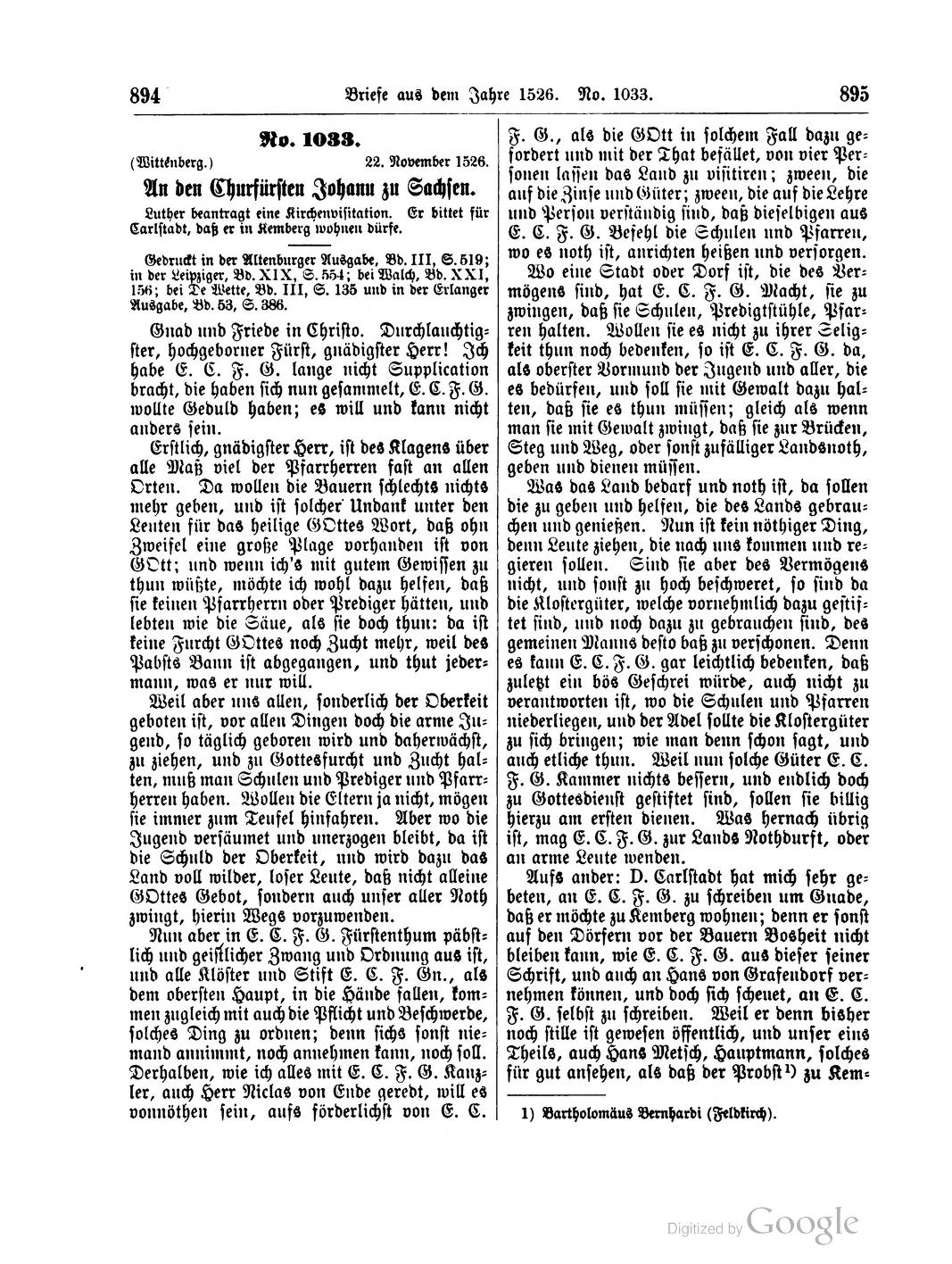 Martin Luther an den Kurfürsten Johann von Sachsen mit der Aufforderung zur Einführung obrigkeitlicher Visitationen, 22. November 1526 