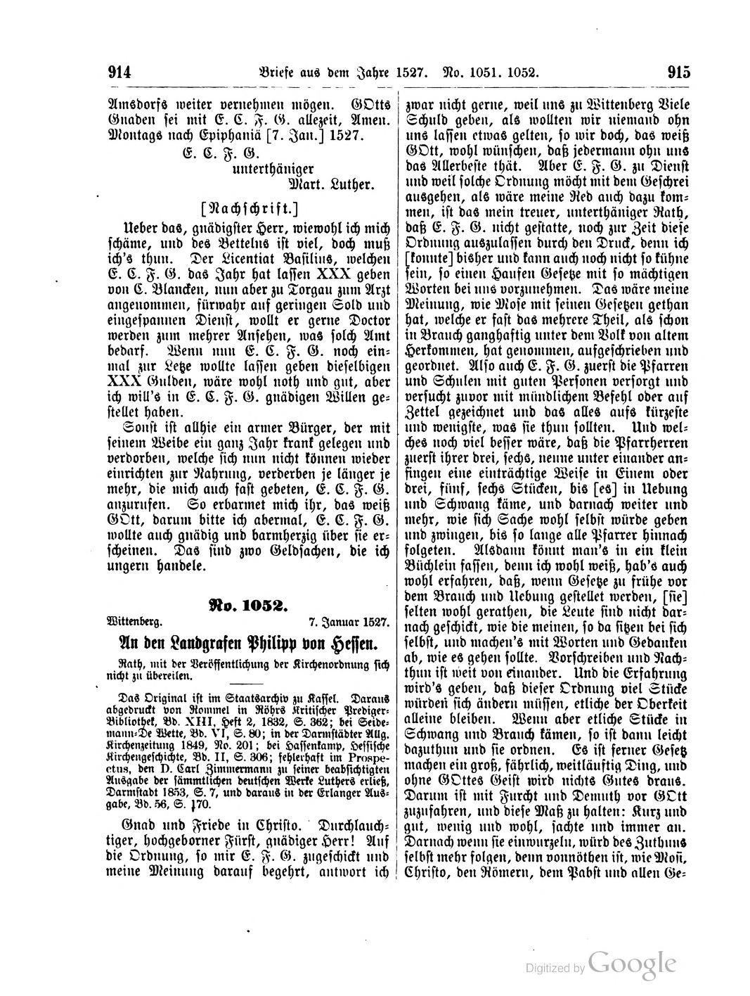 Martin Luther an den Landgrafen Philipp von Hessen zur Homberger Kirchenordnung, 7. Januar 1527