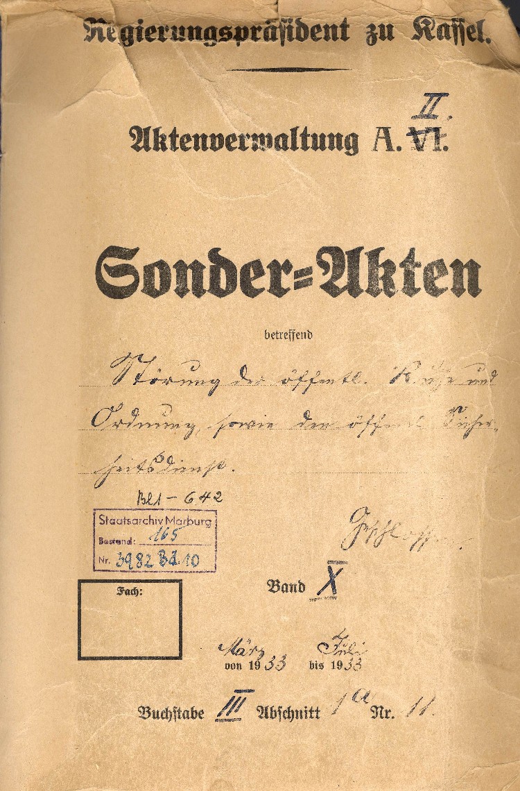 Aktendeckel: Sonderakten betreffend Störung der öffentlichen Ruhe und Ordnung sowie den öffentlichen Sicherheitsdienst , Bd. X.