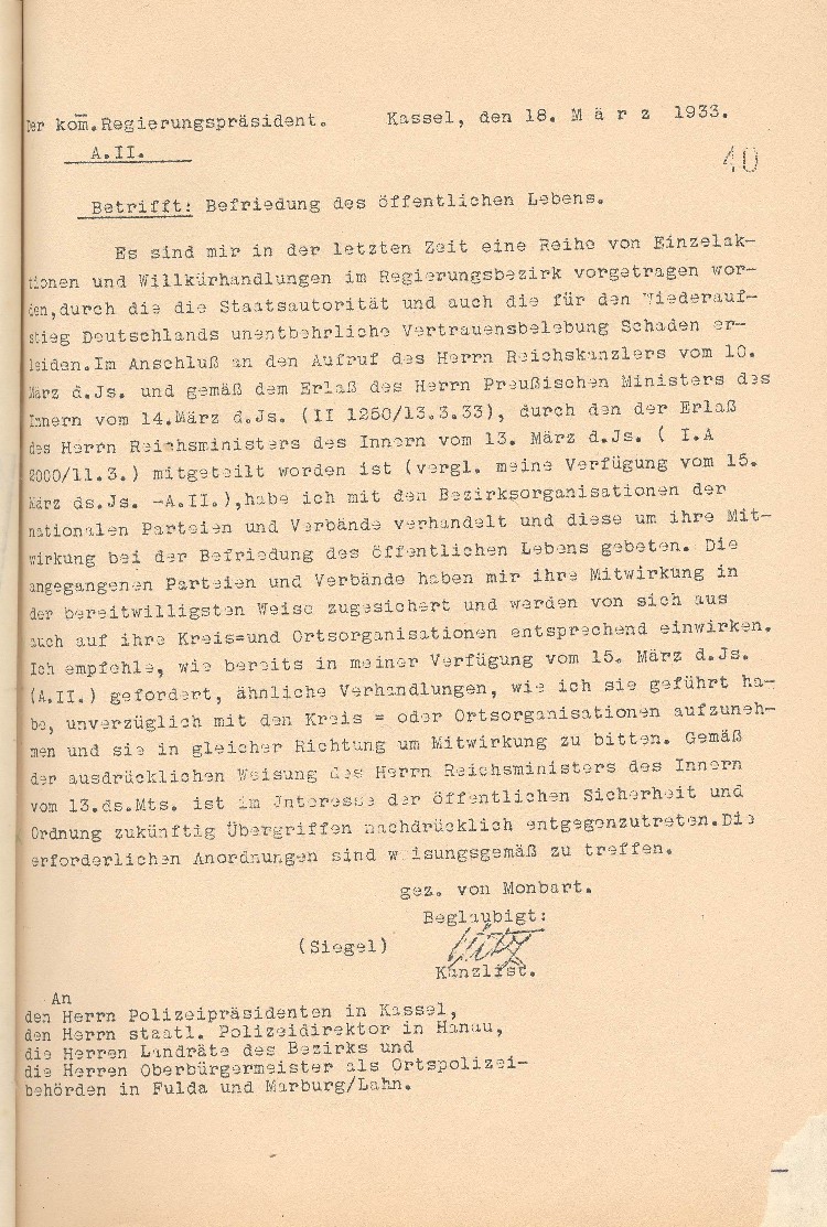 MItteilung an die Polizeipräsidenten und Ortspolizeibehörden, betr. Befriedung des öffentlichen Lebens