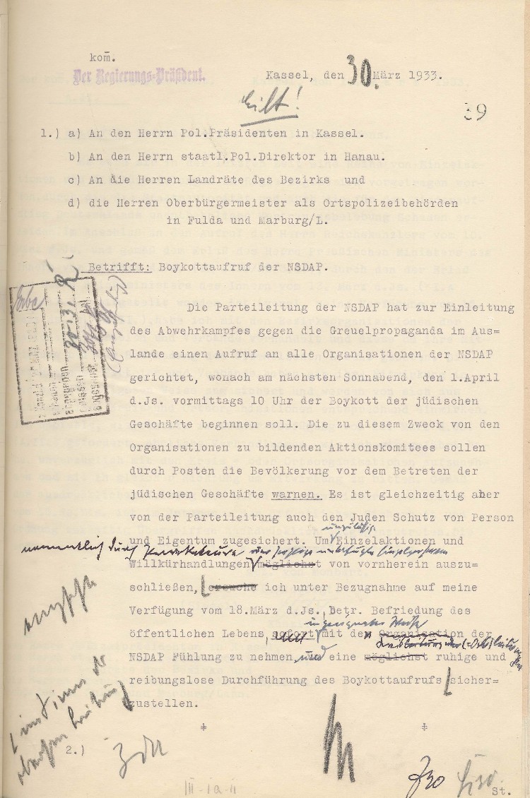 Mitteilung an die Polizeipräsidenten und Ortspolizeibehörden, betr. Boykottaufruf der NSDAP für Samstag, den 1. April 1933
