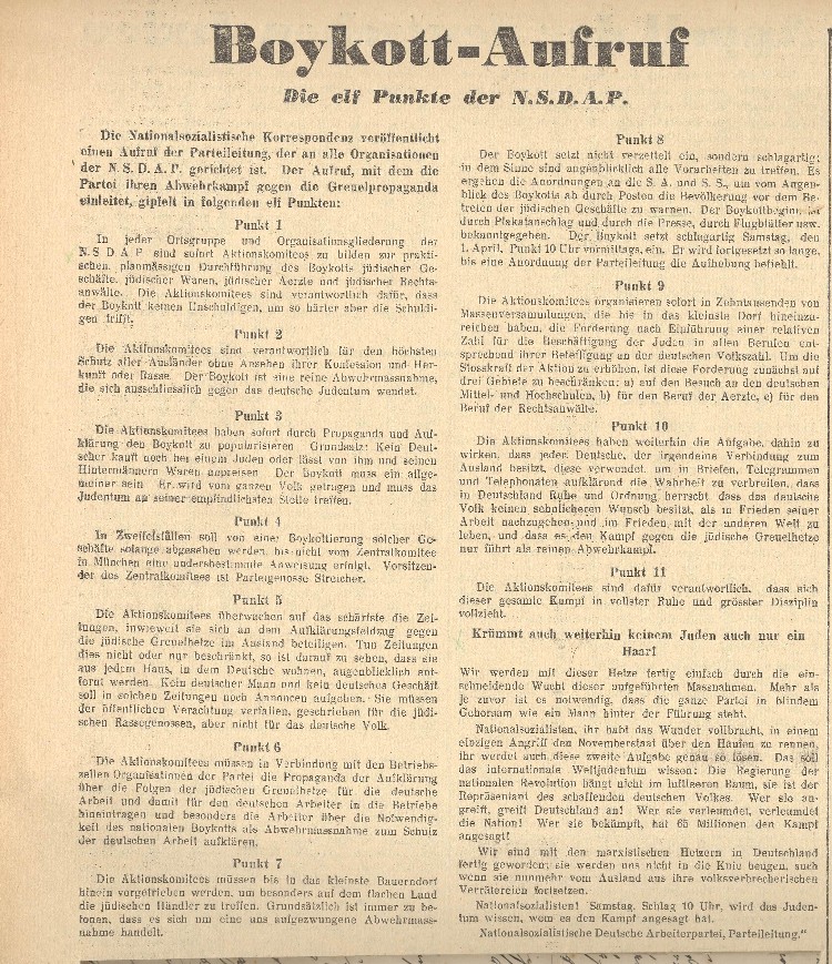 Boykottaufruf der NSDAP(aus Nationalsozialistische Korrespondenz)