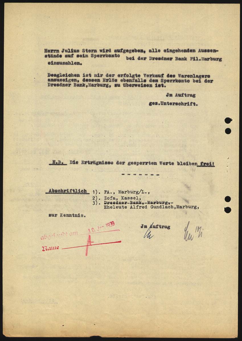 Sicherungsanordnung der Devisenstelle beim Oberfinanzpräsidenten Kassel für den Erlös aus dem Grundstücksverkauf von Julius Stern vom 09. Januar 1939