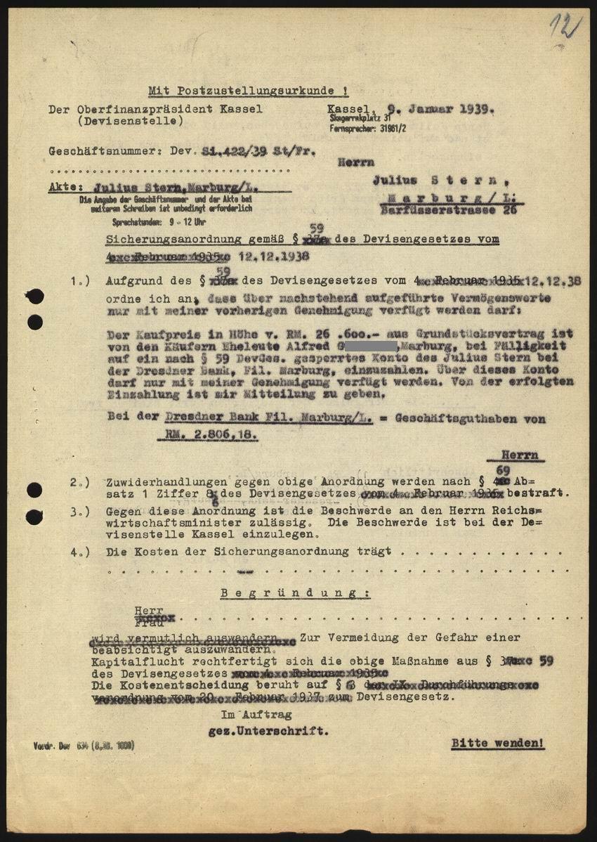 Sicherungsanordnung der Devisenstelle beim Oberfinanzpräsidenten Kassel für den Erlös aus dem Grundstücksverkauf von Julius Stern vom 09. Januar 1939
