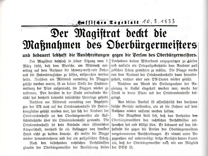 Artikel der OZ betr. Flaggenstreit zwischen SA und dem Oberbürgermeister vom 10. März 1933.