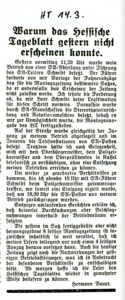 Artikel des HT betr. Besetzung Redaktion des Hessischen Tageblatts durch SA vom 14. März 1933