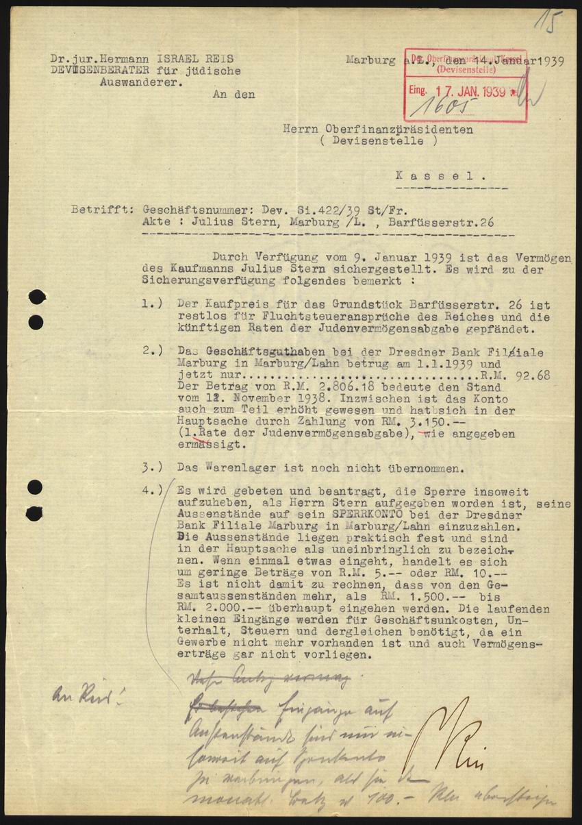 Antrag des Rechtsanwalts Hermann Reis an die Devisenstelle Kassel auf Aufhebung der Kontosperrung für laufende geringfügige Eingänge vom 14. Januar 1939