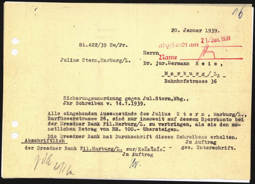 Antrag des Rechtsanwalts Hermann Reis an die Devisenstelle Kassel auf Aufhebung der Kontosperrung für laufende geringfügige Eingänge vom 14. Januar 1939