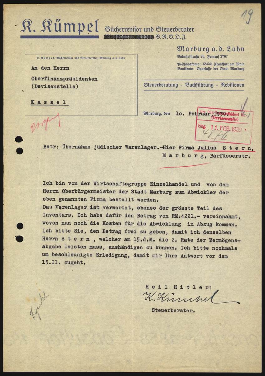 Schriftwechsel des Abwicklers Kümpel mit der Devisenstelle Kassel über die erfolgte Abwicklung des Geschäfts von Julius Stern vom 10. Februar 1939