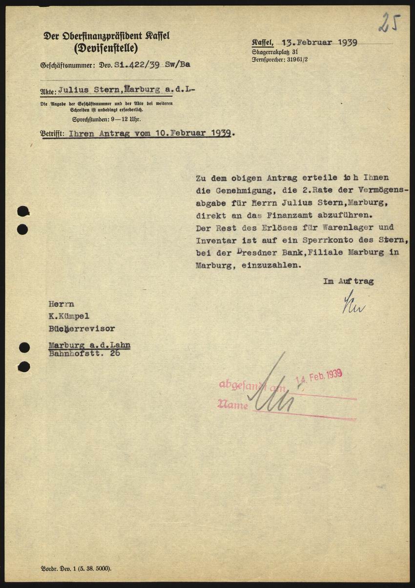 Schriftwechsel des Abwicklers Kümpel mit der Devisenstelle Kassel über die erfolgte Abwicklung des Geschäfts von Julius Stern vom 10. Februar 1939