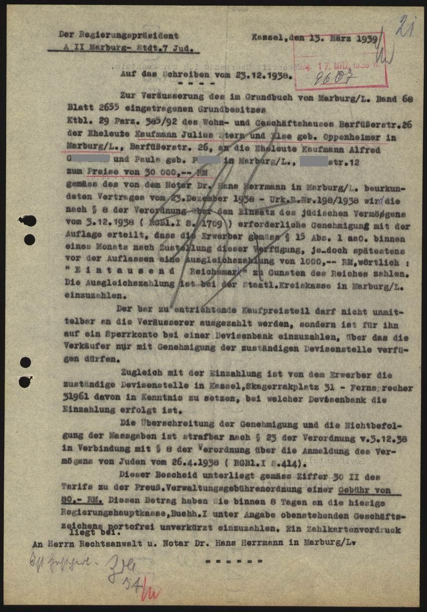 Festsetzung einer vom Erlös des Grundstücksverkaufs zu entrichtenden Ausgleichsabgabe durch den Regierungspräsidenten Kassel vom 13. März 1939