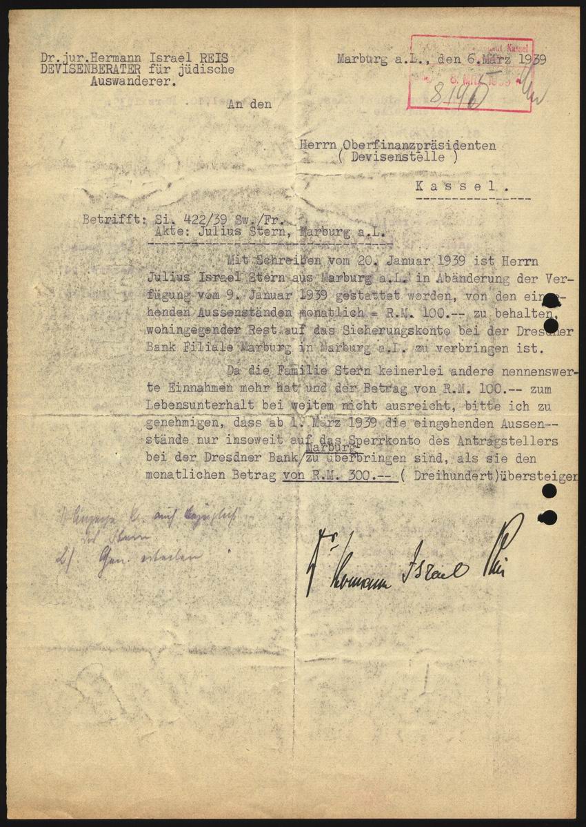 Antrag des Rechtsanwalts Hermann Reis an die Devisenstelle Kassel zur Aufstockung des freigegebenen Betrages für den Lebensunterhalt der Familie Stern vom 6. März 1939