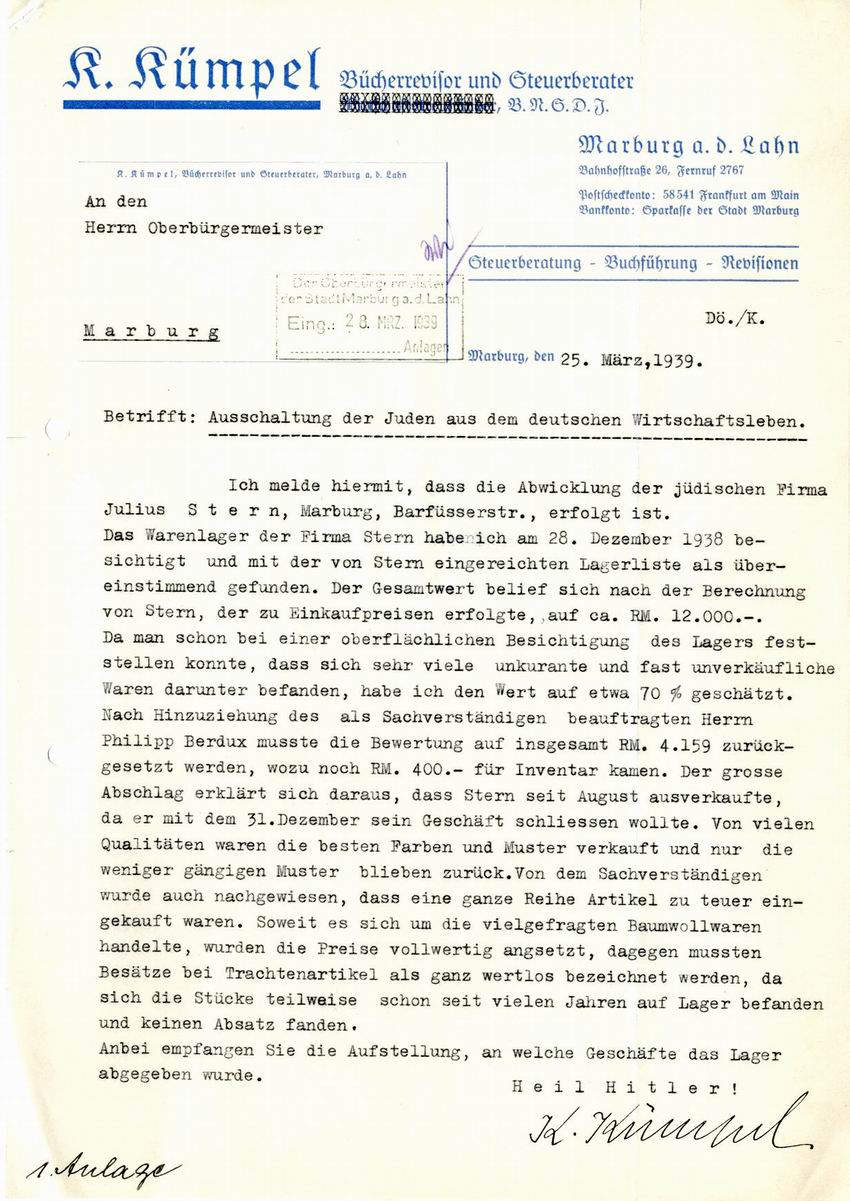 Bericht des Abwicklers Kümpel an den Oberbürgermeister der Stadt Marburg über den Verkauf des Geschäfts von Julius Stern vom 25. März 1939