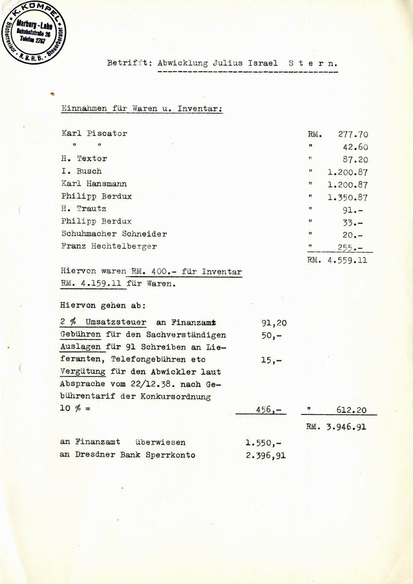 Bericht des Abwicklers Kümpel an den Oberbürgermeister der Stadt Marburg über den Verkauf des Geschäfts von Julius Stern vom 25. März 1939