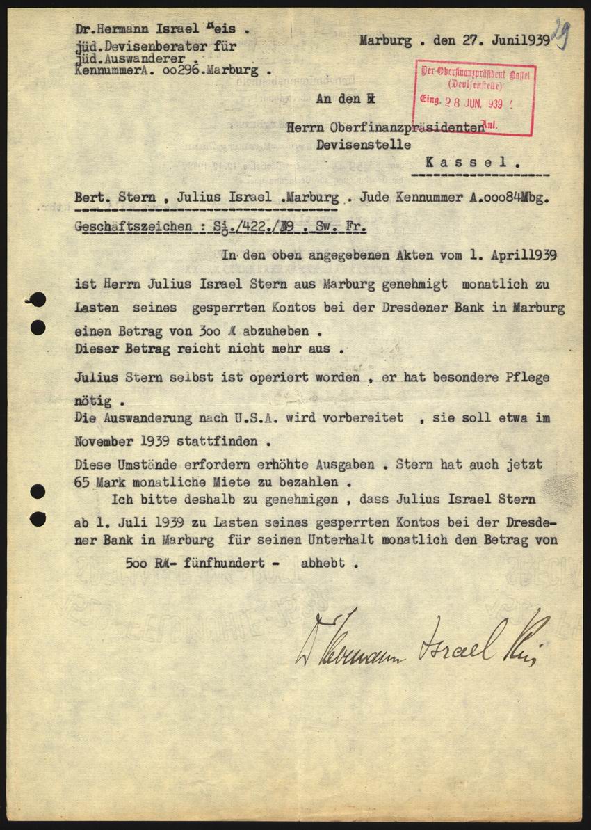 Antrag des Rechtsanwalts Hermann Reis an die Devisenstelle Kassel auf Erhöhung des monatlich freigegebenen Betrages auf 500 RM vom 27. Juni 1939
