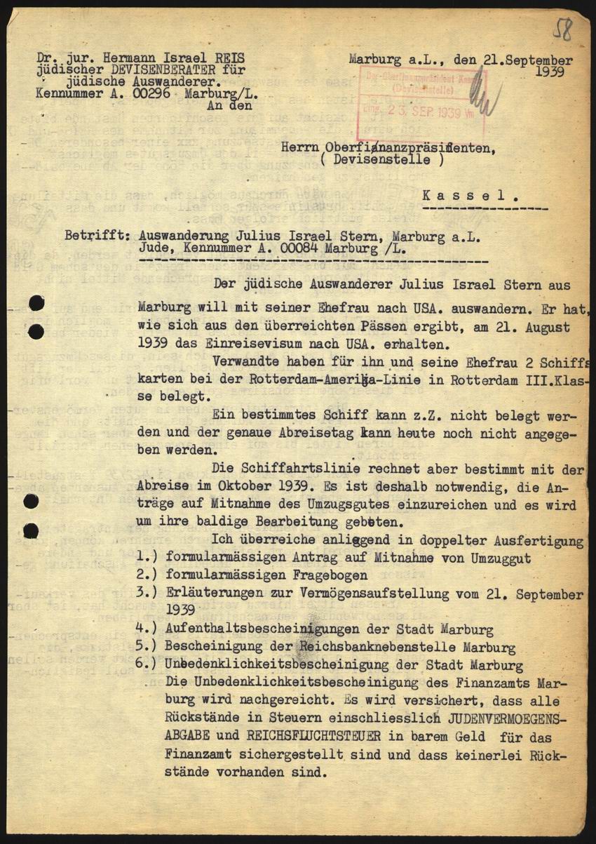 Antrag von Julius Stern auf Mitnahme von Umzugsgut mit Erläuterungen zur Vermögensaufstellung vom 21. September 1939
