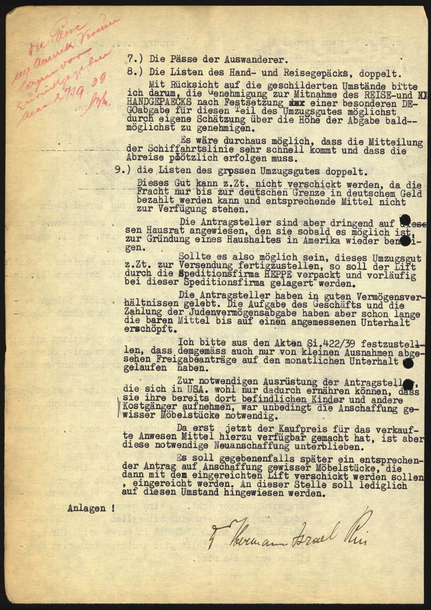 Antrag von Julius Stern auf Mitnahme von Umzugsgut mit Erläuterungen zur Vermögensaufstellung vom 21. September 1939