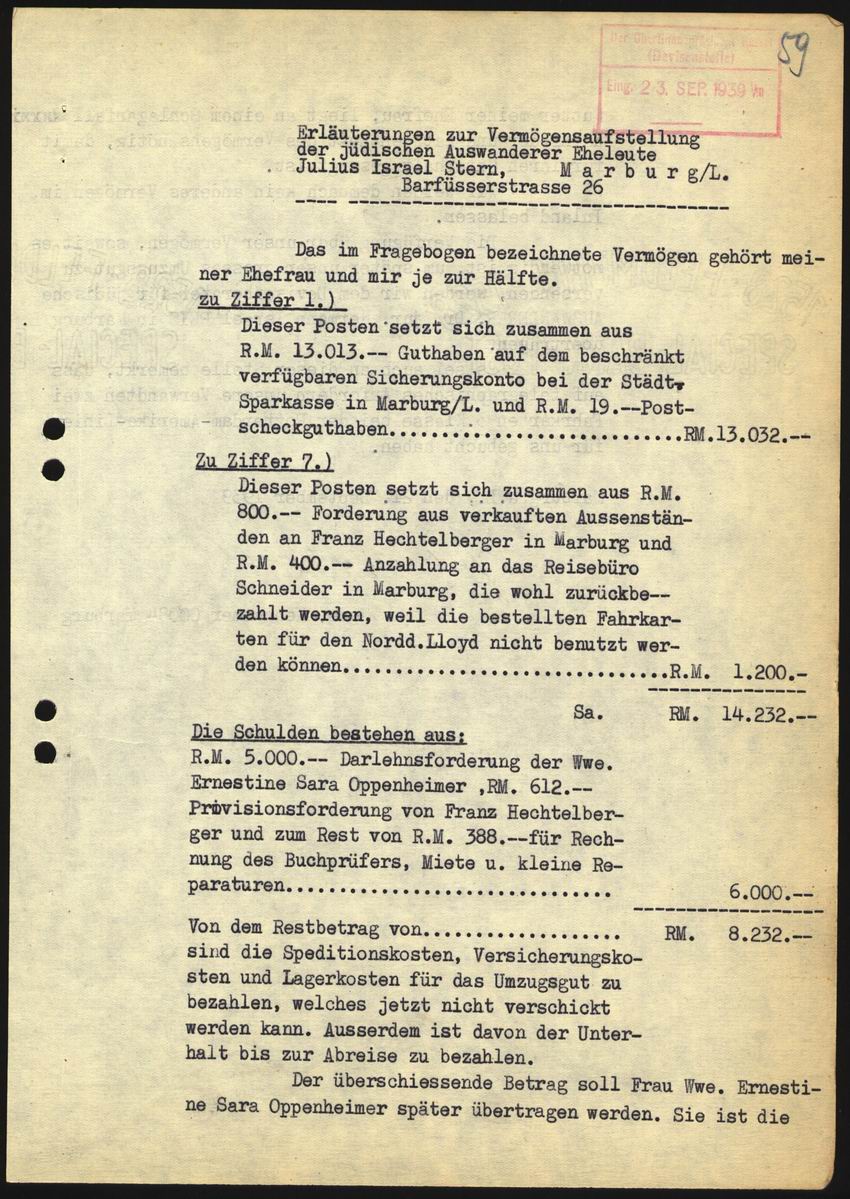 Antrag von Julius Stern auf Mitnahme von Umzugsgut mit Erläuterungen zur Vermögensaufstellung vom 21. September 1939