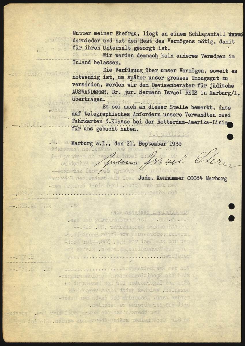 Antrag von Julius Stern auf Mitnahme von Umzugsgut mit Erläuterungen zur Vermögensaufstellung vom 21. September 1939