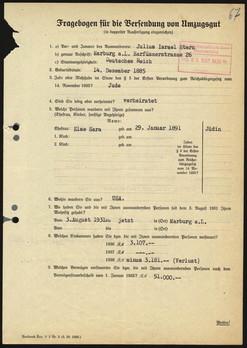 Antrag von Julius Stern auf Mitnahme von Umzugsgut mit Erläuterungen zur Vermögensaufstellung vom 21. September 1939