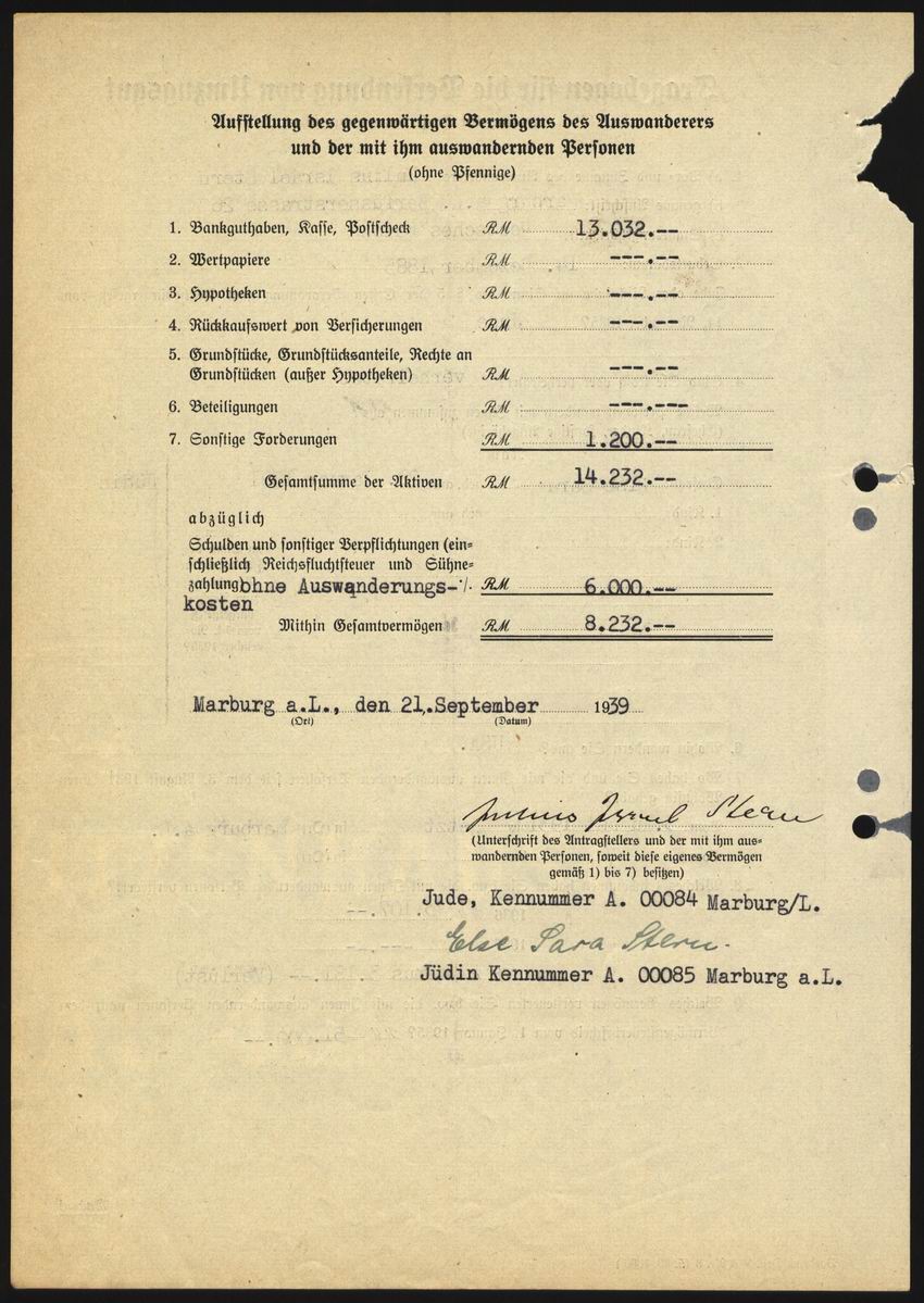 Antrag von Julius Stern auf Mitnahme von Umzugsgut mit Erläuterungen zur Vermögensaufstellung vom 21. September 1939