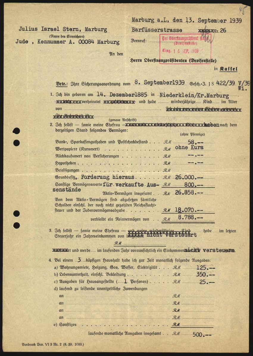 Vermögensaufstellung von Julius Stern für die Devisenstelle Kassel vom 13. September 1939
