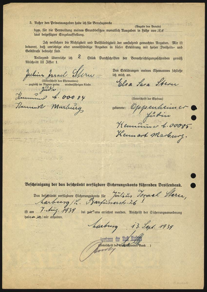 Vermögensaufstellung von Julius Stern für die Devisenstelle Kassel vom 13. September 1939