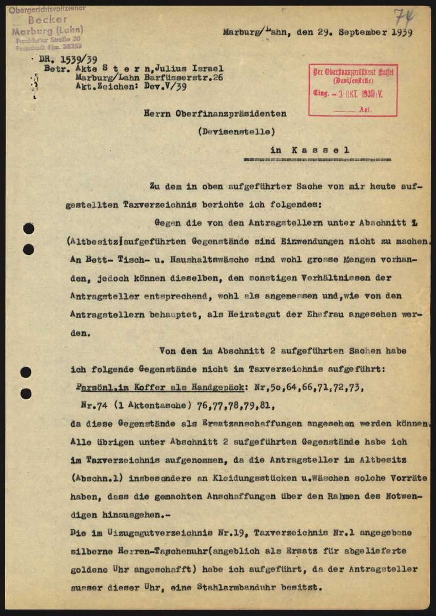 Prüfbericht des Obergerichtsvollziehers Becker aus Marburg an die Devisenstelle beim Oberfinanzpräsidenten Kassel über den Wert des Umzugsgutes von Julius und Else Stern vom 29. September 1939
