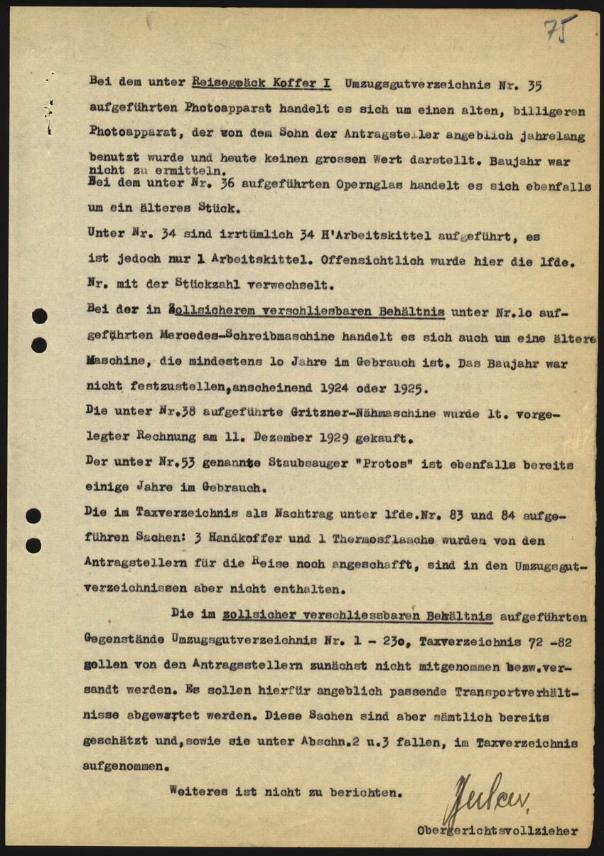 Prüfbericht des Obergerichtsvollziehers Becker aus Marburg an die Devisenstelle beim Oberfinanzpräsidenten Kassel über den Wert des Umzugsgutes von Julius und Else Stern vom 29. September 1939