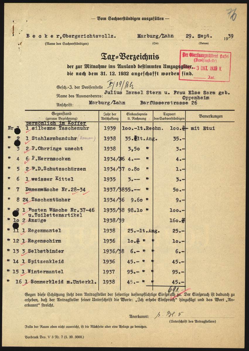 Prüfbericht des Obergerichtsvollziehers Becker aus Marburg an die Devisenstelle beim Oberfinanzpräsidenten Kassel über den Wert des Umzugsgutes von Julius und Else Stern vom 29. September 1939