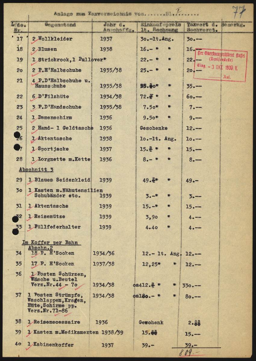Prüfbericht des Obergerichtsvollziehers Becker aus Marburg an die Devisenstelle beim Oberfinanzpräsidenten Kassel über den Wert des Umzugsgutes von Julius und Else Stern vom 29. September 1939