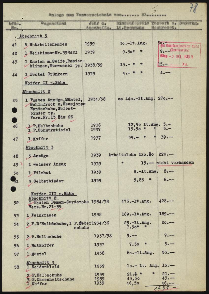 Prüfbericht des Obergerichtsvollziehers Becker aus Marburg an die Devisenstelle beim Oberfinanzpräsidenten Kassel über den Wert des Umzugsgutes von Julius und Else Stern vom 29. September 1939